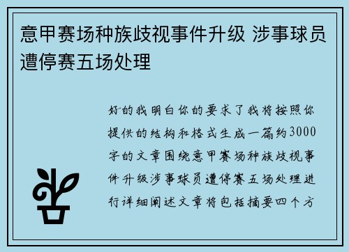 意甲赛场种族歧视事件升级 涉事球员遭停赛五场处理