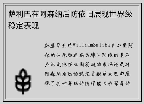 萨利巴在阿森纳后防依旧展现世界级稳定表现 萨利巴在阿森纳后防依旧展现世界级稳定表现
