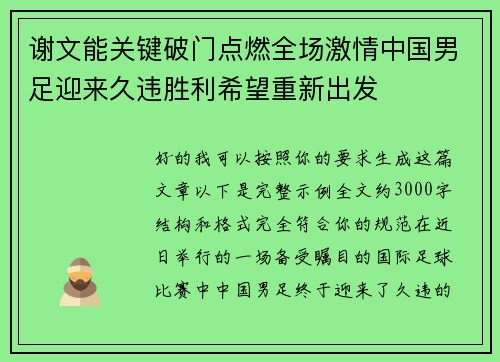 谢文能关键破门点燃全场激情中国男足迎来久违胜利希望重新出发 谢文能关键破门点燃全场激情中国男足迎来久违胜利希望重新出发