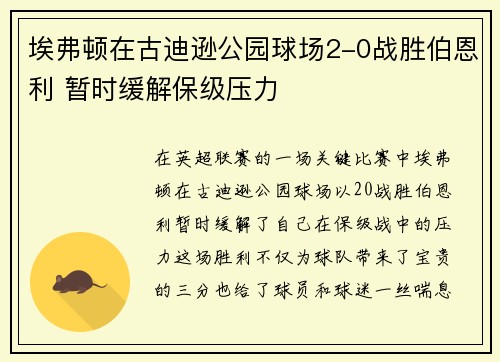 埃弗顿在古迪逊公园球场2-0战胜伯恩利 暂时缓解保级压力
