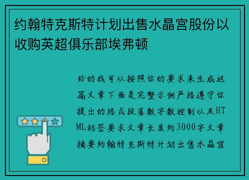 约翰特克斯特计划出售水晶宫股份以收购英超俱乐部埃弗顿